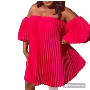 EXPRESS dress, NEW! women med,bold,pink, pleated,plisse,puffed,event,flare